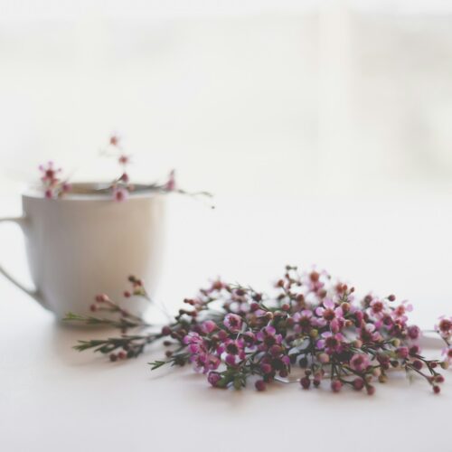 micro moments of self care pink and green flowers on white ceramic teacup