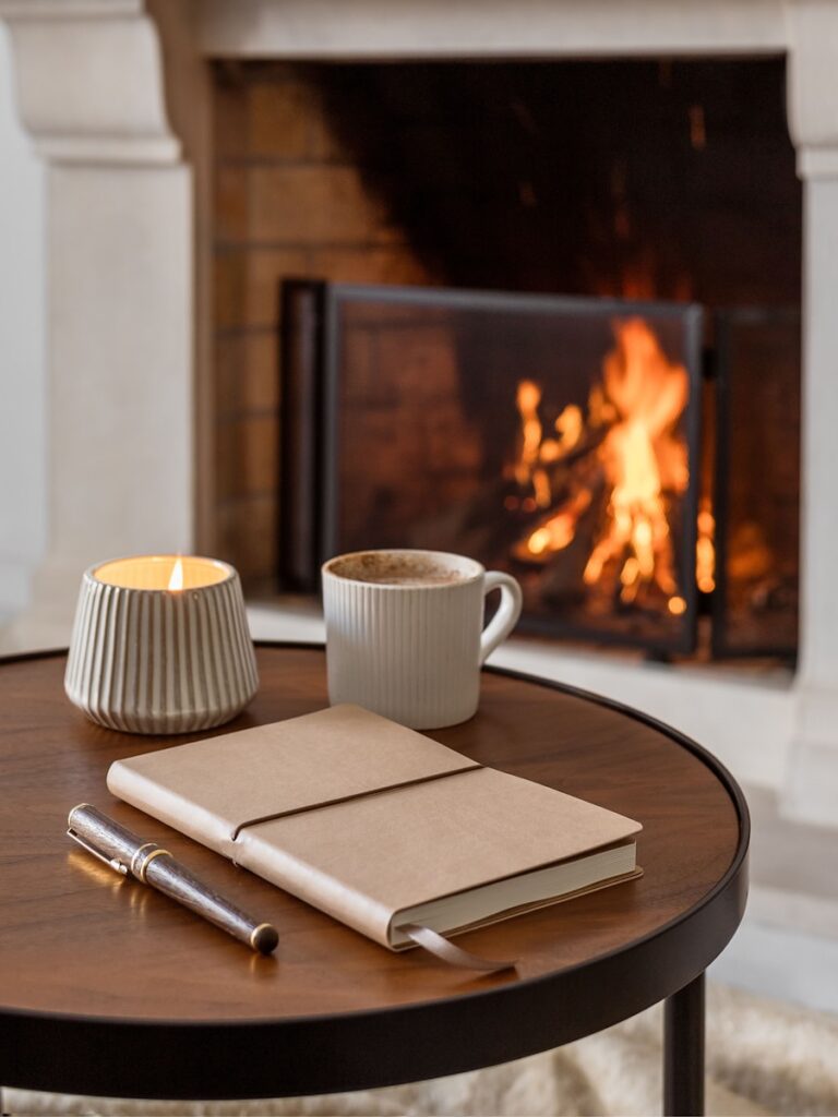 motherhood creativity - a cup of coffee and a notebook on a table in front of a fireplace